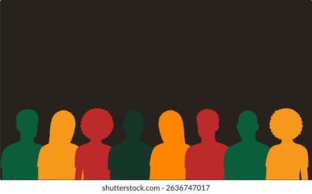 Silhouette face head in profile ethnic group of black African and African American men and women. Juneteenth emancipation with copy space. 