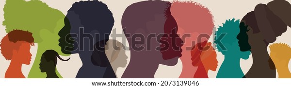 Silhouette face\
head in profile ethnic group of black African and African American\
men and women. Racial equality and justice - Identity concept.\
Racial discrimination.\
Racism