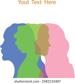 Silhouette face head in profile  group of women. Group diversity silhouette multiethnic people from the side. Vector illustration.