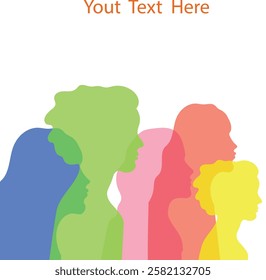 Silhouette face head in profile  group of women. Group diversity silhouette multiethnic people from the side. Vector illustration.