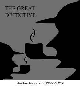 The silhouette of the face of a man in a cap, with a smoking pipe in his mouth and the inscription great detective.