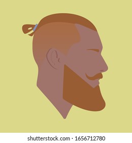 Silhouette. Face. Redhead Guy. Male Head With Top Knot Hair On Yellow Background. Man Head Silhouette.  Flat Colored Illustration.