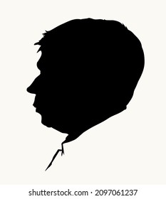 Silhouette of a face shadow shape look white paper text space. Dark ink hand drawn closeup retro contour artwork cartoon style