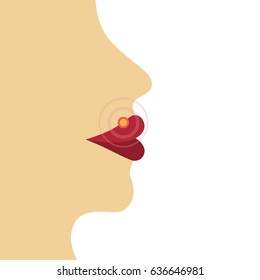 Silhouette of face with a virus of lips on a white background. Symptom of herpes. Pimple on the skin.