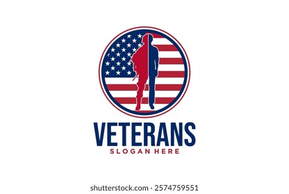 Silhouette of a Facing American Patriot. United States Revolutionary War Army Soldier with American Flag Background Circle Illustration logo design