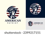 Silhouette of a Facing American Patriot. Vintage United States Revolutionary War Army Soldier with American Flag Background Circle Illustration Design