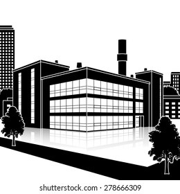 silhouette factory building with offices and production facilities in perspective
