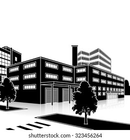 silhouette factory building with offices and production facilities in perspective