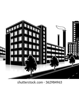 silhouette factory building with offices and production facilities in perspective
