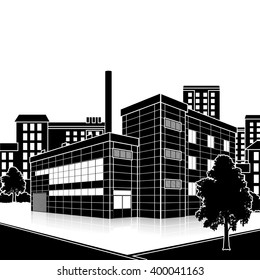 silhouette factory building with offices and production facilities in perspective