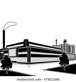 silhouette factory building with offices and production facilities in perspective