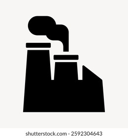 Silhouette of a factory with chimneys emitting smoke. Industrial icon representing manufacturing. Simple black factory design on a white background. User interface icon vector.