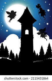 Silhouette fairies with full moon background illustration