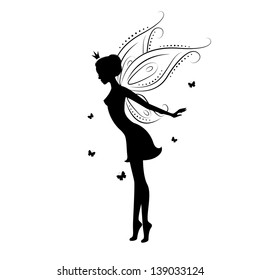 Silhouette of a fairy and butterfly. Vector illustration isolated on white background.