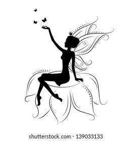 Silhouette of a fairy with butterfly. Vector illustration isolated on white background.