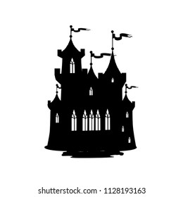 Silhouette of a fairy castle with towers and gates. Vector icon. Vintage.