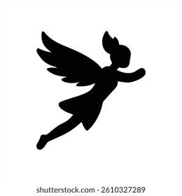 A silhouette of a fairy with delicate wings is flying through the air. The figure is designed in black against a white background, showcasing a whimsical and magical essence.
