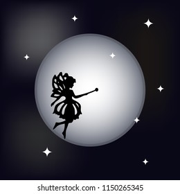 Silhouette of a fairy ector iin the background of the moon, night sky. Vllustration.