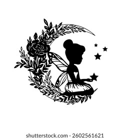Silhouette of a fairy with flowers and moon. Vector illustration isolated on white background.