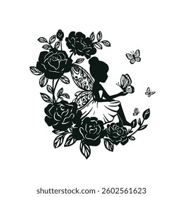 Silhouette of a fairy with flowers and moon. Vector illustration isolated on white background.
