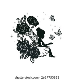 Silhouette of a fairy with flowers. Vector illustration isolated on white background.
