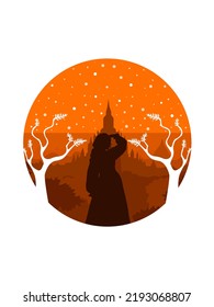 Silhouette of a fairy girl looking at a landscape with a castle.