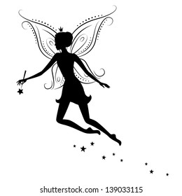 Silhouette of a fairy with magic wand. Vector illustration isolated on white background.