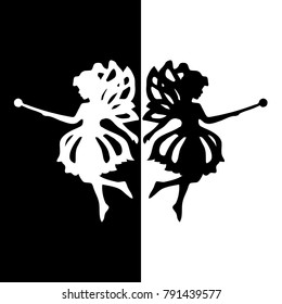 Silhouette of a fairy on a black-and-white background. Vector illustration.