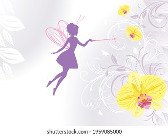 Silhouette of a fairy on a floral background with orchids. Vector