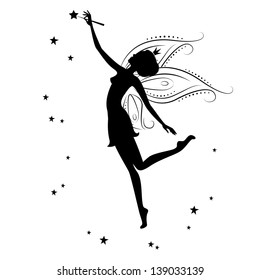 Silhouette of a fairy and stars . Vector illustration isolated on white background.