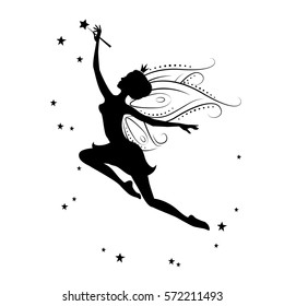 Silhouette of a fairy. Template fairy for cut of laser or engraved. Stencil for paper, plastic, wood, laser cut acrylic. Decoration for windows, wall and interior design. Vector illustration isolated.