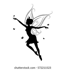 Silhouette of a fairy. Template fairy for cut of laser or engraved. Stencil for paper, plastic, wood, laser cut acrylic. Decoration for windows, wall and interior design. Vector illustration isolated.