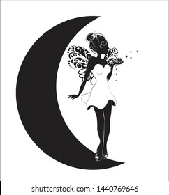 silhouette of the fairy with wings and a magic dust, fairy on the moon