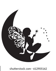 silhouette of the fairy with wings and a magic wand on the moon