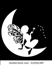 silhouette of the fairy with wings and a magic wand on the moon