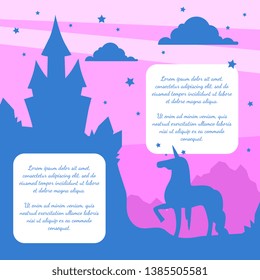 Silhouette of Fairytale Magic Castle and Unicorn on Sunset Background, Banner Template with Place fo Text Vector Illustration