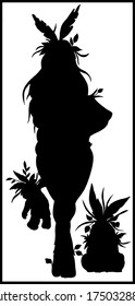 Silhouette of fairytale rabbit girl with loose hair and ears like leaves, long legs and wide hips, holding a stuffed toy in her hand and the silhouette of funny leaf little rabbit sitting next to her.