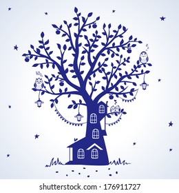 silhouette fairytale tree with house with funny birds