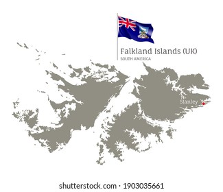 Silhouette of Falkland Islands map. Gray editable map with waving national flag and Stanley city capital, South America country territory borders vector illustration on white background