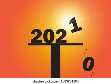Silhouette of falling number zero and replacing with number one, Happy New Year 2021 concept vector illustration