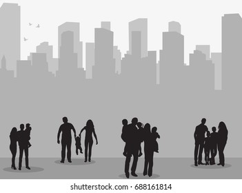 silhouette family with child on city background