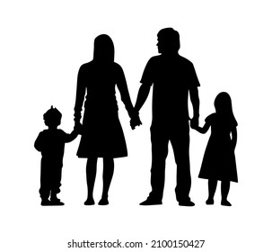 Silhouette of a family of dad, mom, daughter and son holding hands