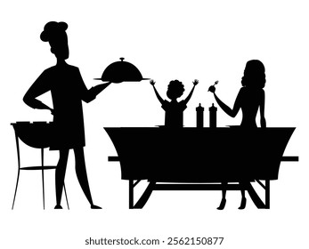 Silhouette of Family Enjoying Barbecue Picnic Outdoors