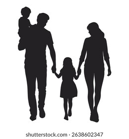 Silhouette of a family with father, mother, and two children walking in unity. The child on the father's shoulder and holding hands symbolize protection, love, and emotional bonding.
