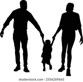 A silhouette of a family featuring two parents holding their child's hands. The child is in the center, swinging between them, capturing a moment of joy, connection, and togetherness. 