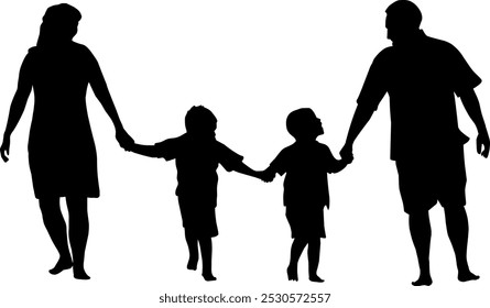 A silhouette of a family holding hands, featuring two adults and two children. The image symbolizes unity, love, and togetherness. The figures are depicted in black against a white background.