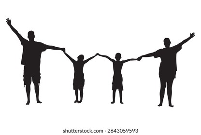 Silhouette of Family Holding Hands and Raising Arms Together on White Background