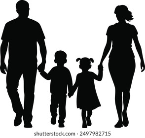 Silhouette of a family holding hands and walking with joy