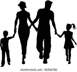 Silhouette Of A Family Holding Hands And Walking