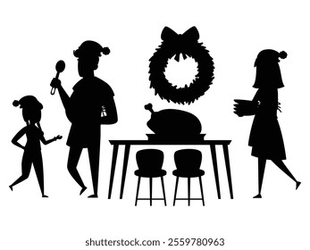 Silhouette of a Family with Kids Decorating Christmas Tree